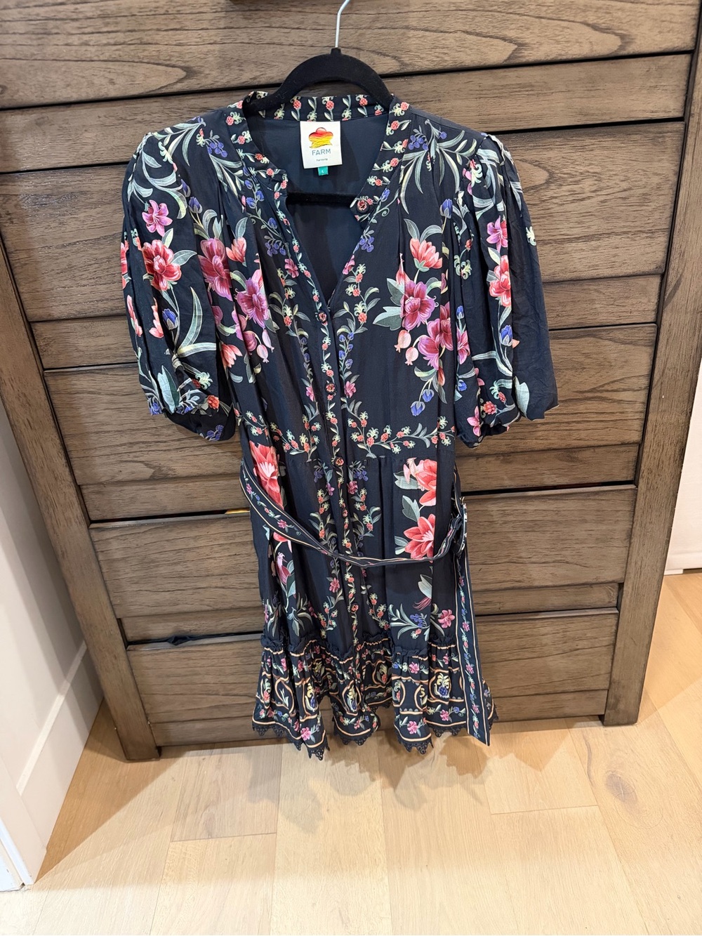 FARM Rio Black Floral Belted Mini Dress with Pink & Green Accents - Picture 3 of 4